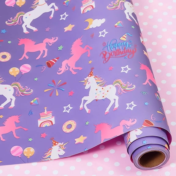 Purple Pony Cartoon Gift Wrapping Paper 58"x 23" inchs , Birthday Wrapping Paper Roll, Adorable Gift Wrap for Boys Girls Birthday Party