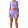 thumbnail image 2 of REALiKUN Women Seamless Yoga Outfits 2 Piece Workout Short Sleeve Crop Top with High Waisted Running Shorts Sets Purple M, 2 of 8
