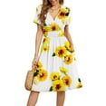 thumbnail image 1 of XXLvision Women Floral Print Summer Beach Dress V-Neck Short Sleeve Side Pockets Elastic Waist Casual Midi Dress, 1 of 4