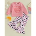 thumbnail image 2 of Suealasg Kids Toddler Girl 2 Pieces Valentine Outfit Long Sleeve Round Neck Heart Print Sweatshirt Tops + Elastic Waist Flare Pants 6M 1T 2T 3T 4T Infant Baby Girls Spring Clothes, 2 of 9