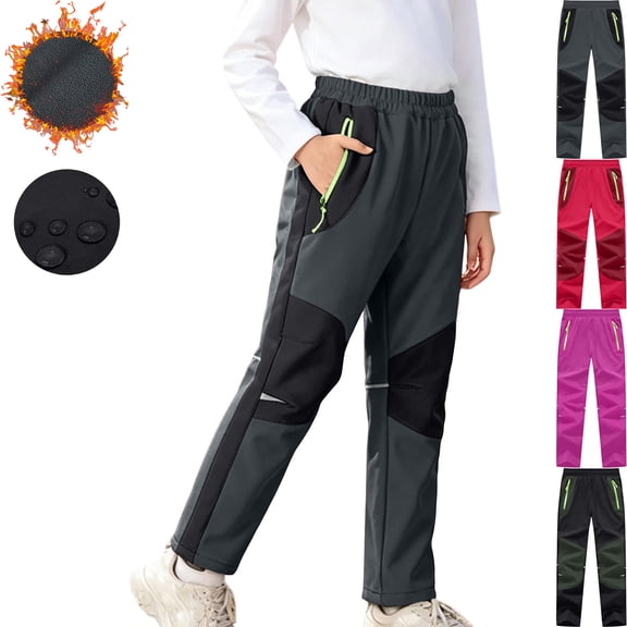 Teyfeniy Boys Girls Snow Pants Waterproof Fleece Lined Ski Pants Color Block Elastic Waist Winter Hiking Pants with Reinforced Knees and Reflective Stripes Pockets