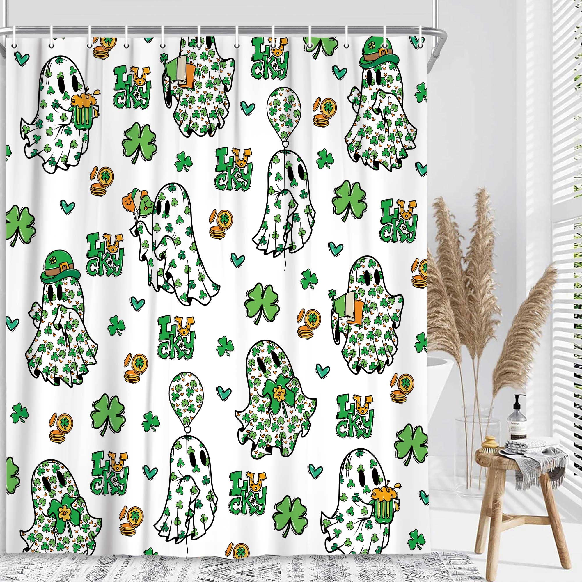 St. Patrick's Day Shower Curtain, Cute Ghost Green Luck Clover Balloon Elf Shower Curtain Sets, Festival Spring Party Waterproof Fabric Bathtub Curtain with Hooks, 72X72in