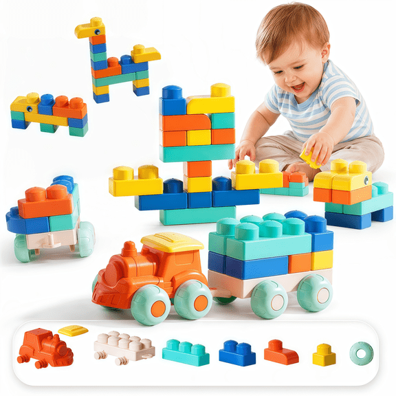 Bobyy.Duck Soft Building Blocks for Toddlers 1-3, 48PCS BPA-Free Sensory Teething Toys with Train, Montessori STEM Construction Bricks, Early Learning Toy for Boys Girls