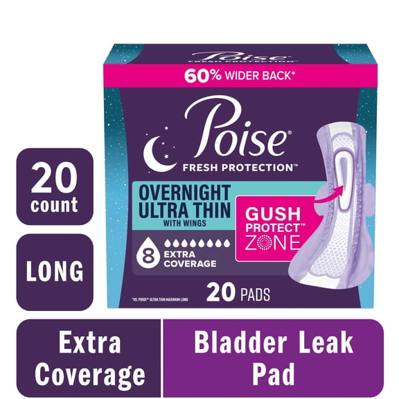 Poise Overnight Ultra Thin Incontinence Pads with Wings, 8 Drop Extra Absorbent, 20 Count