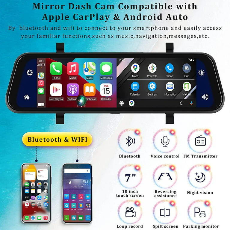 4K Mirror Dash Cam Carplay Android Auto Wireless Smart Rearview Backup Cam  US 