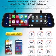 Podofo 9.66 Touch Screen Car Rearview Mirror Dash Cam 2 Cameras Driving Recorder Wireless Carplay Android Auto Aux Touch Screen Voice Control,with 64GB Card