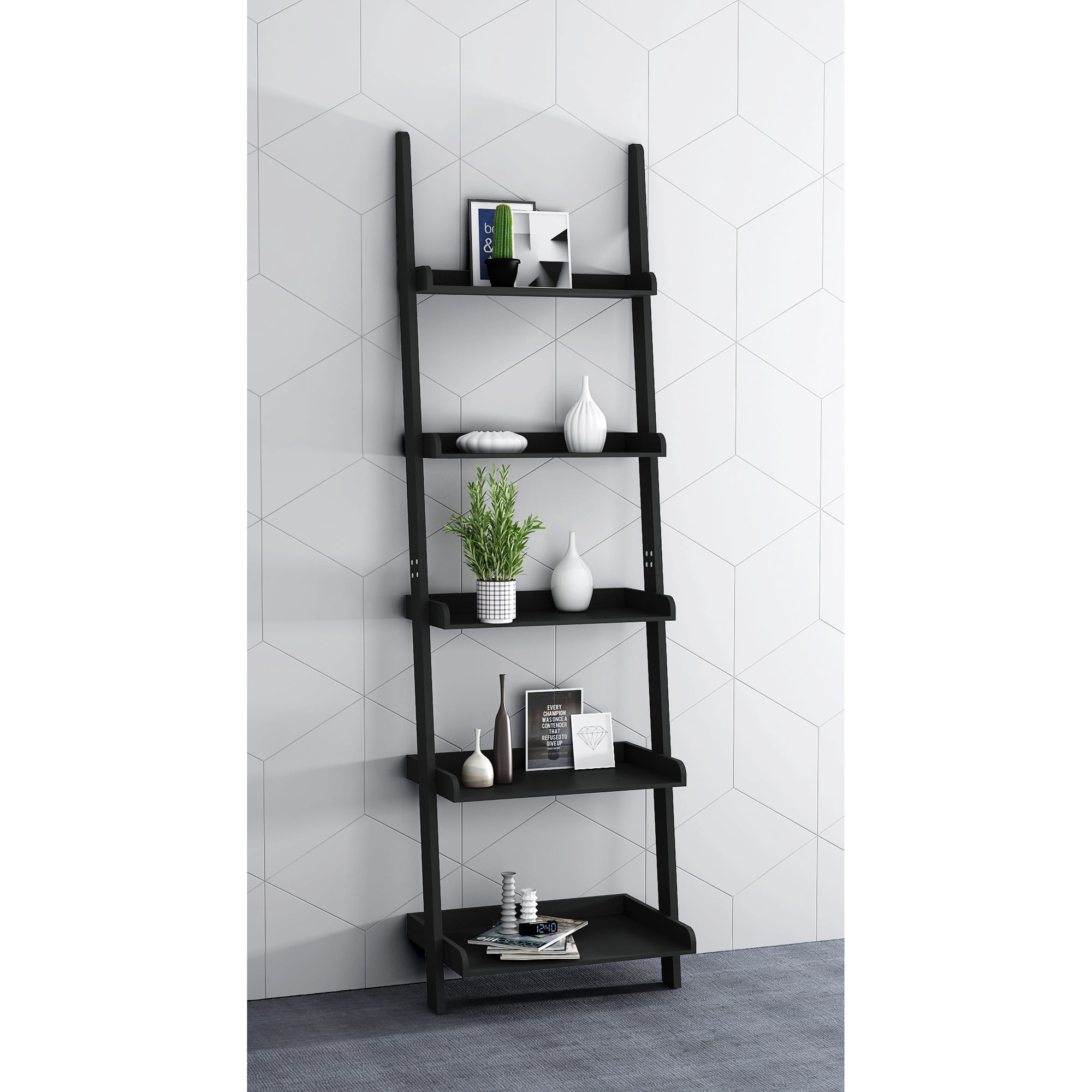 eHemco 5 Tier Ladder Leaning Wall Bookcase, Storage Bookshelf, 70 Inches, Black