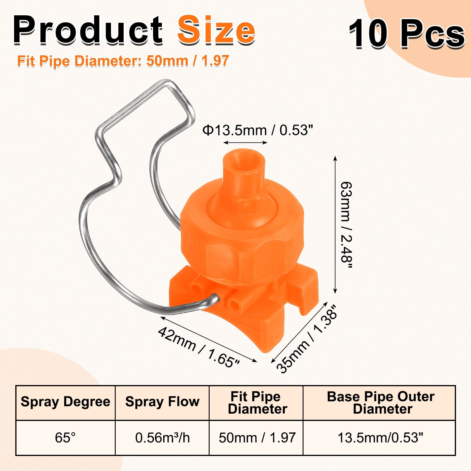 10Pack 65 Degree Spray Nozzle with Clip Fit 50mm/2" Hose, 0.56m³/h