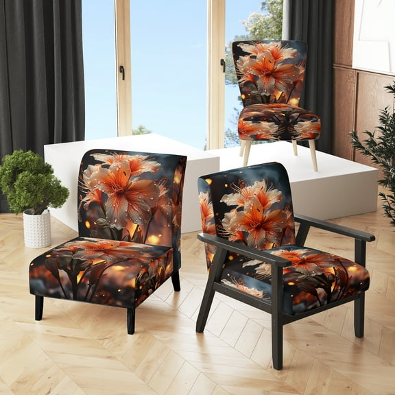 Designart "Autumn Radiance Coral Flower painting II" Coral Floral Upholstered Accent Chair - Traditional Arm Chair For Living Room