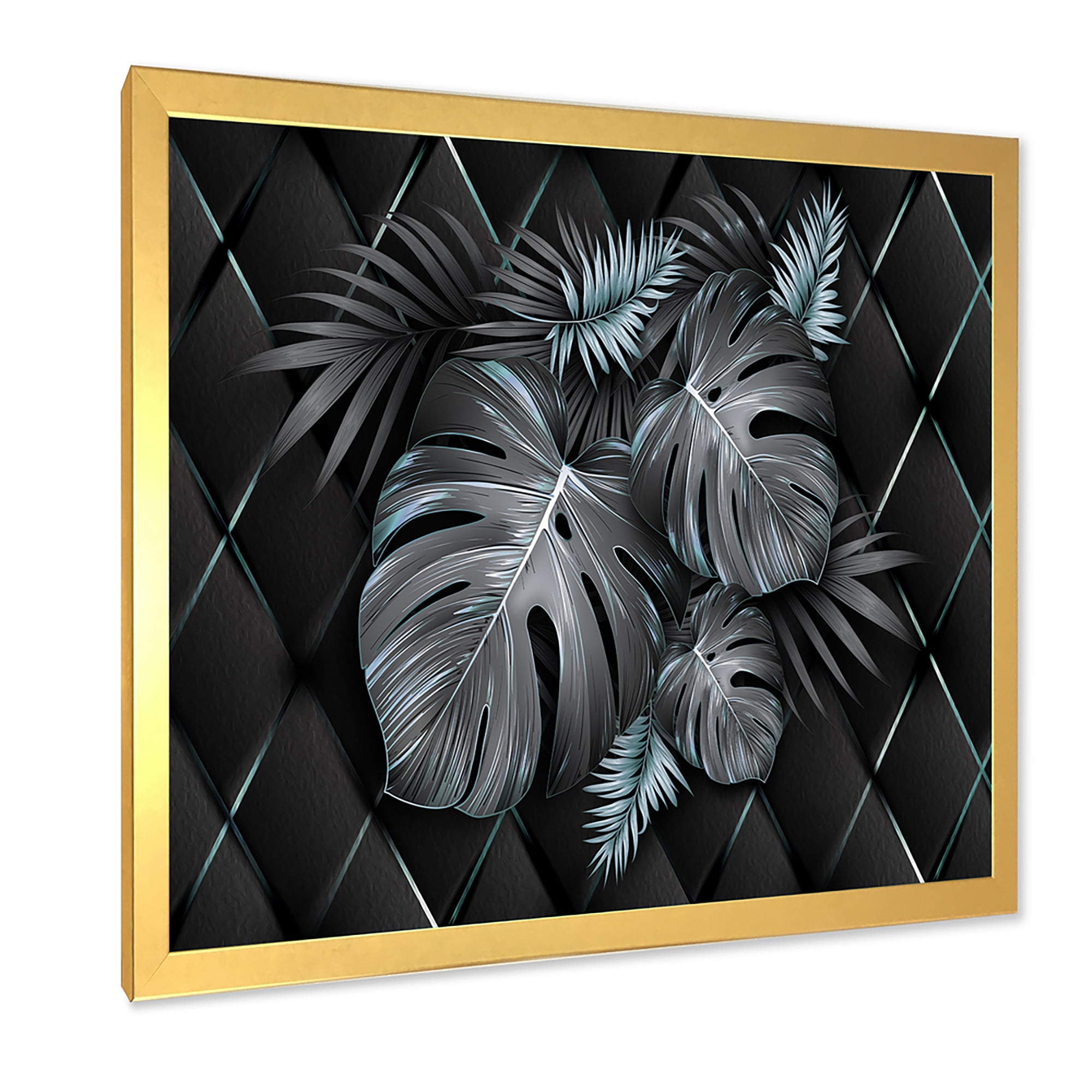 Designart 'Gold and Black Tropical Leaves I' Modern Framed Art Print