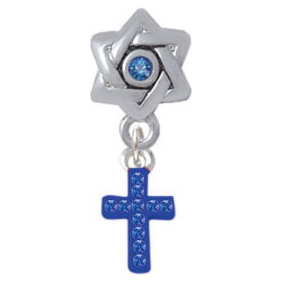 Small Blue Crystal Cross - Star of David with Blue Crystal Charm Bead