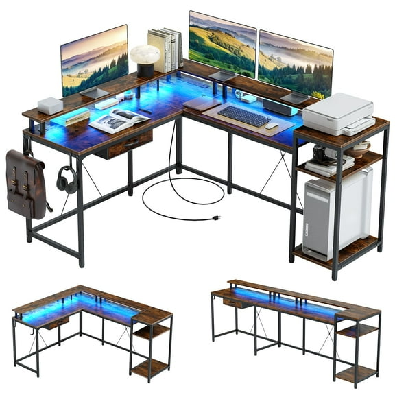 2024 New L Gaming Desk, 68" Home Office Desk with File Drawer & Power Outlet, Computer Corner Desk with Monitor Shelf and Hook, LED Lights, Two Person Desk