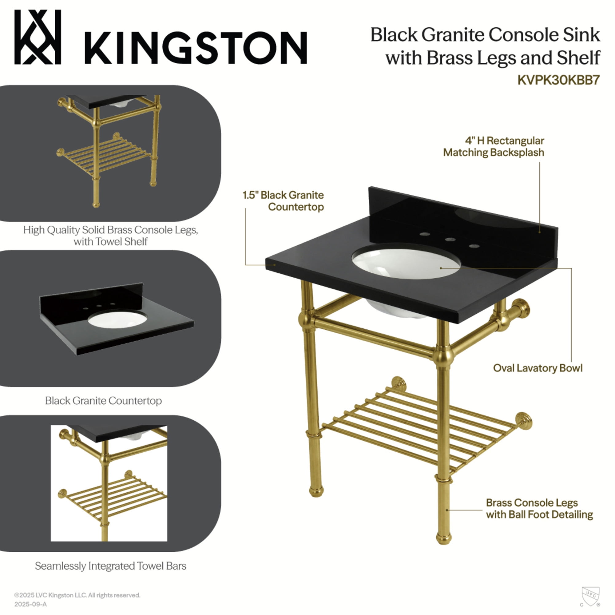 Kingston Brass KVPK30KBB1 Templeton 30-Inch Black Granite Console Sink with Brass Legs and Shelf (8-Inch, 3-Hole) in Black Granite/Polished Chrome
