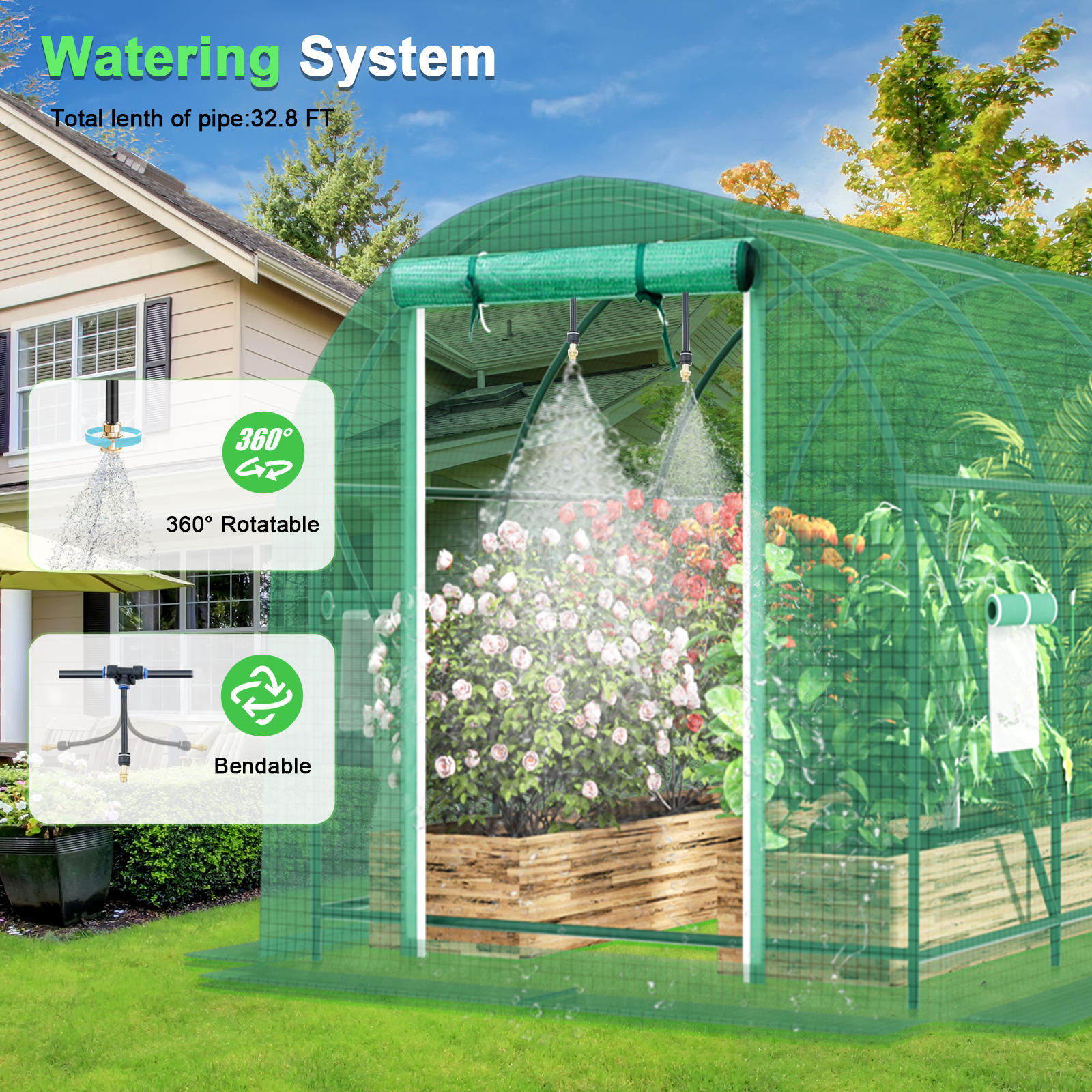 Greenhouse with Watering System, Large Walk-in Greenhouse