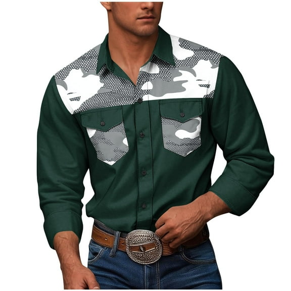 ZVNAΖH Men's Western Cowboy Camo Work Shirts Long Sleeve Button Down Army Cargo Shirt Jacket with Two Chest Pockets