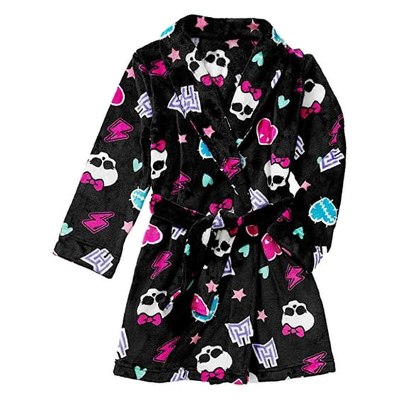 Girls Plush Black Monster High Bath Robe Skull & Heart Housecoat XS (4-5)