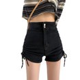 thumbnail image 1 of Pantalones cortos de mezclilla de moda de cintura alta ajustados con cordón lateral para mujer pantalones cortos casuales para primavera verano negro L, 1 of 8
