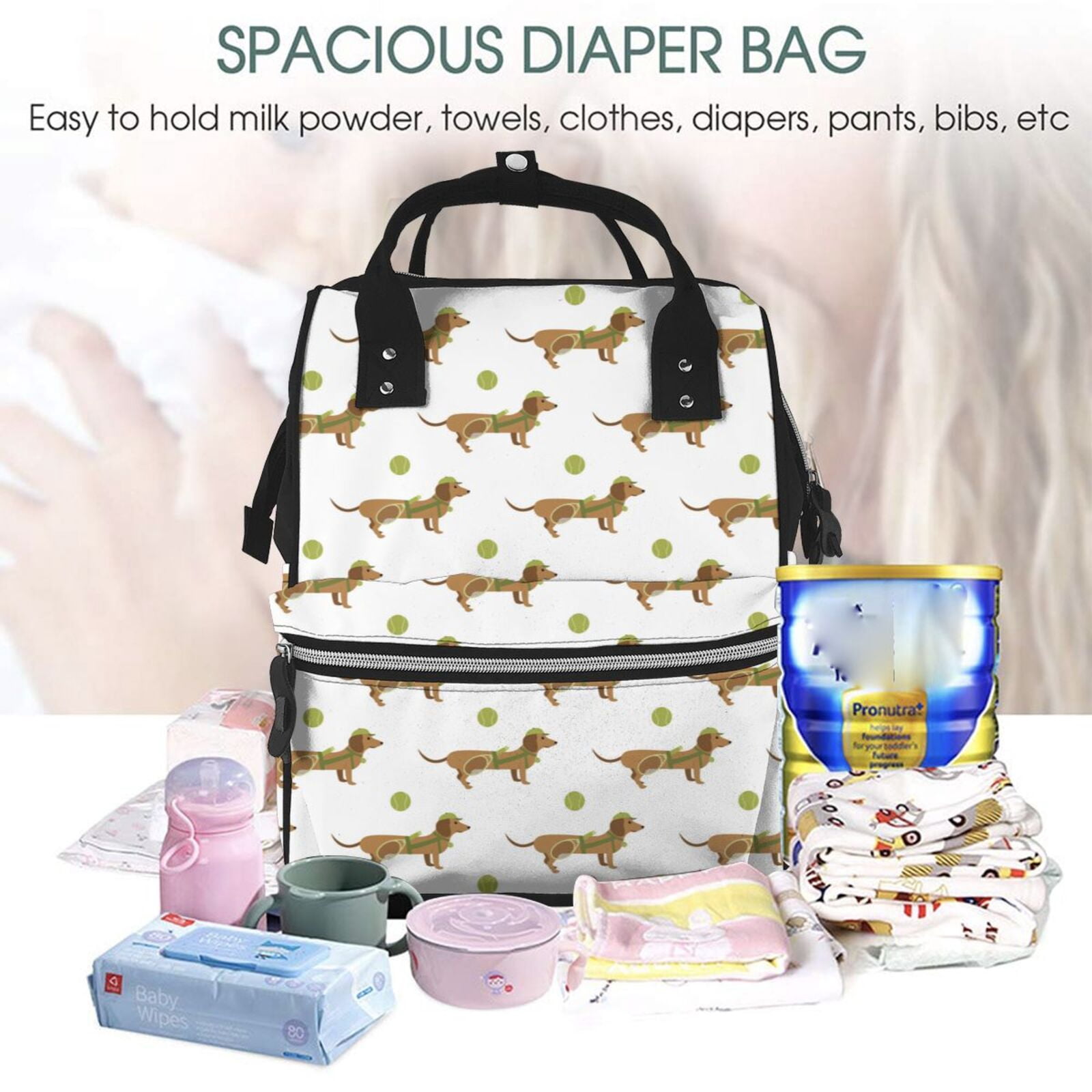 Fuzoiu Dachshund Going To Play Tennis Print Diaper Bag Backpack,Baby Essentials Travel Tote,Multi function Waterproof Diaper Bag, Travel Essentials Baby Bag - Unisex
