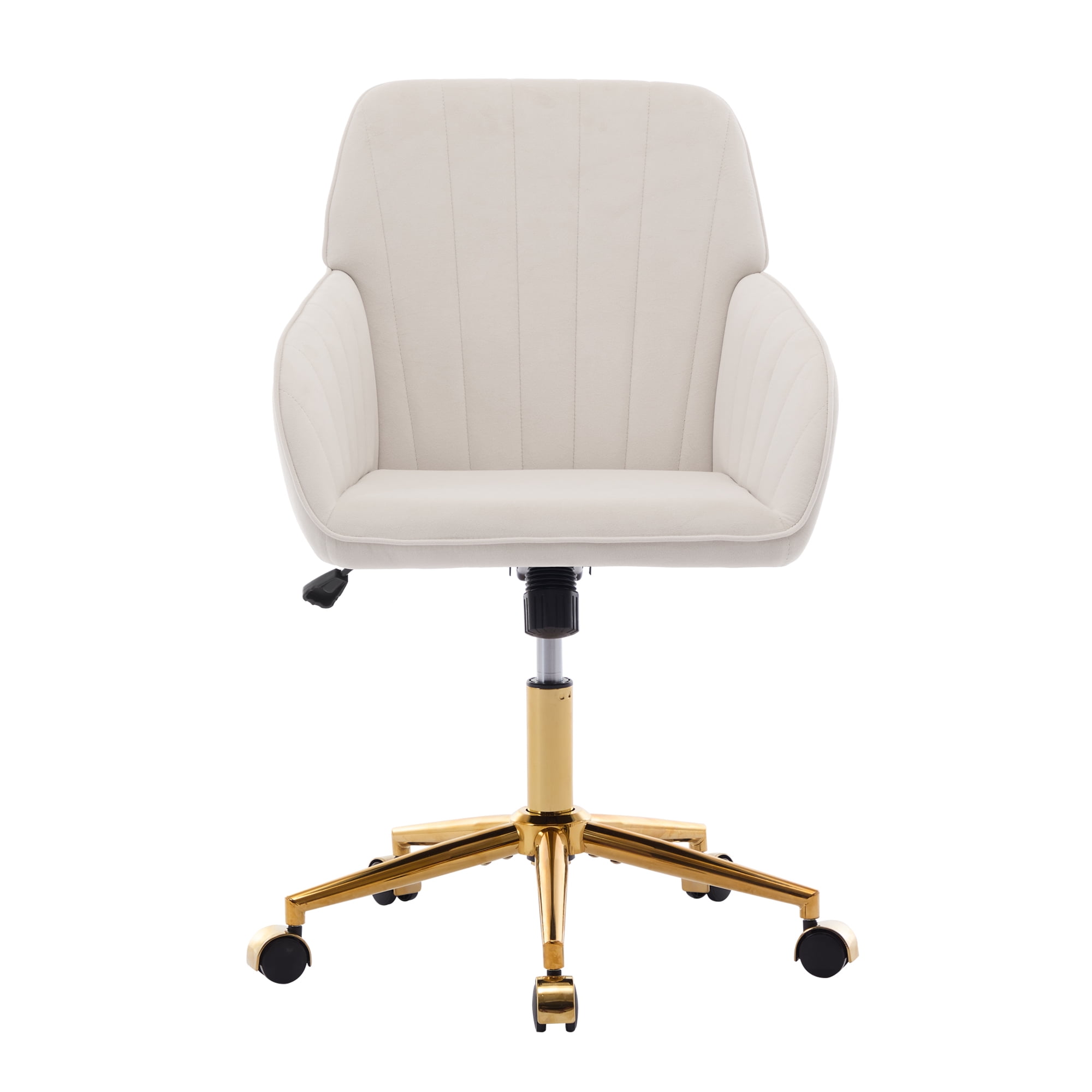 Peispie Velvet Office Chair 300lbs, Mid Back Vanity Chair, Modern Swivel Desk Chair with Gold Base, Upholstered Computer Task Chair for Bedroom, Beige