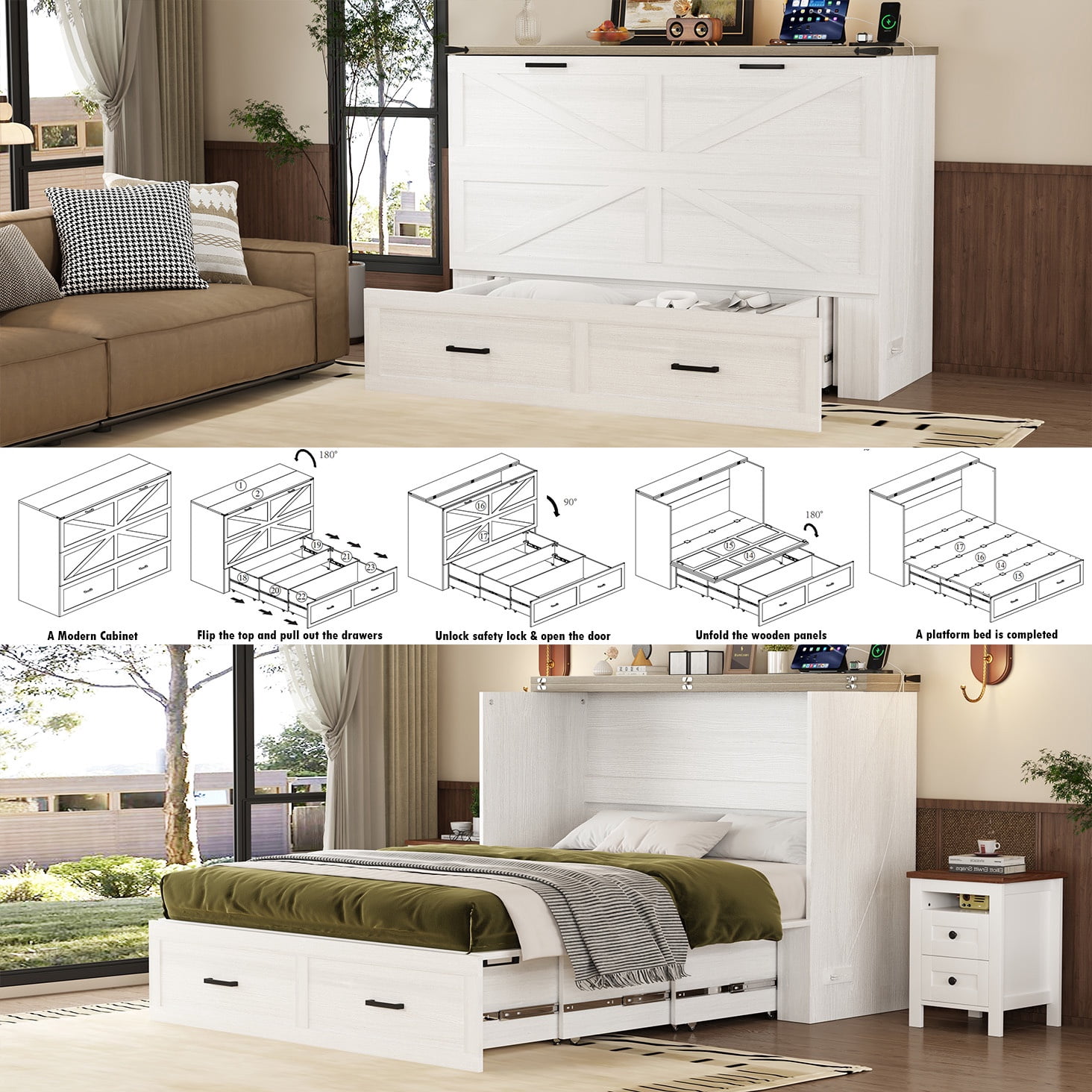 Bellemave Queen Size Farmhouse Murphy Bed Frame with Charging Station and Storage Drawer Foldable Cabinet Platform Bed for Guest Room or Home Office (Queen Size, Antique White)