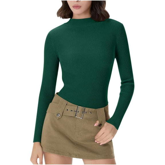 QSAWXQZ Women's Ribbed Knit Shirt Long Sleeve Mock Neck Solid Slim Pullover Basic Tee for Spring Green XS