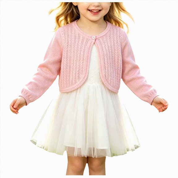 Splozh Sweater for Girls 0-9 Years Girls Bolero Cardigan Shrug for Dresses Long Sleeve Button Knit Cropped Sweater,Pink,6-7 Years