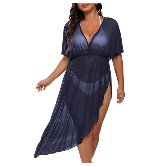 KPOPLK Womens Swimwear Cover Ups Crochet Hollow Out Long Bathing Suit Coverup Bikini Sleeveless Side Split Beach Dress(Blue,L)