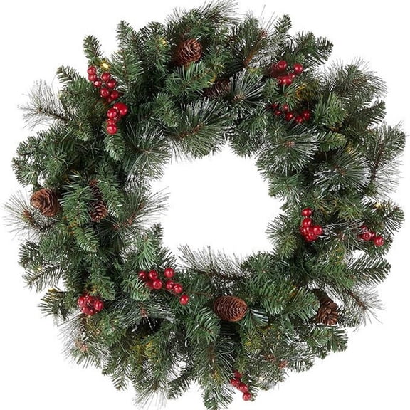 Festive Christmas Wreath with Pine Cones and Red Berries 24 Inch Artificial Holiday Decoration for Home & Office