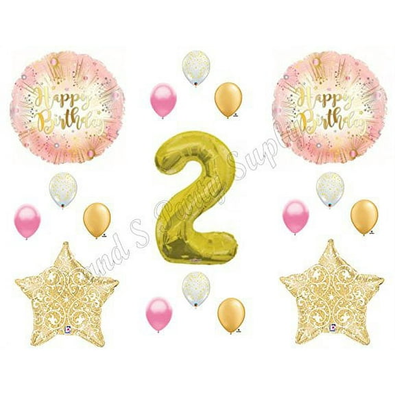 Two Much Fun 2ND Second Pink & Gold Birthday Party Balloons Decoration Supplies