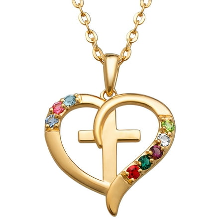 - Personalized Sterling Silver or Gold over Sterling Family Heart and Cross Birthstone Pendant
