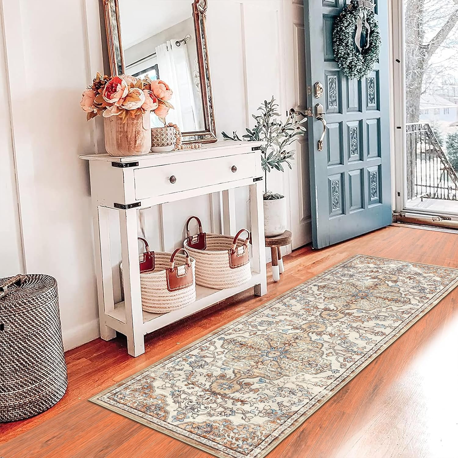 Findosom 2'x6' Vintage Runner Rug 0.4" Distressed Hallway Rug Non Slip Laundry Runner Rug Decor Rug Washable Runner Rug Kitchen Floor Mat Entryway Rug Runner for Laundry Kitchen Entryway, Beige