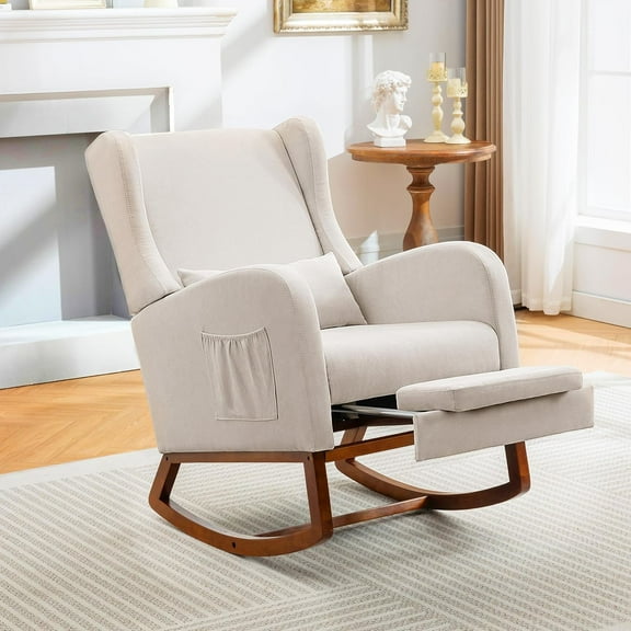 Rocking Chair Nursery Glider Chair with Foot Rest, Nursery Rocking Chairs with Rubber Wood Legs Side Pocket, Nursing Chair, Accent Rocker Arm Chair for Baby Bedroom, Living Room