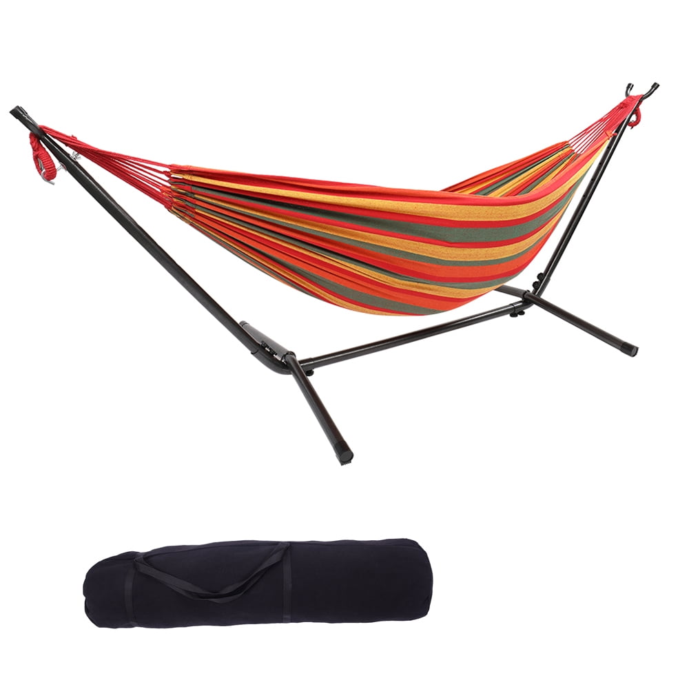 Portable Double Fabric Hammock with Steel Stand 2 Person Hanging Outdoor Camping 
