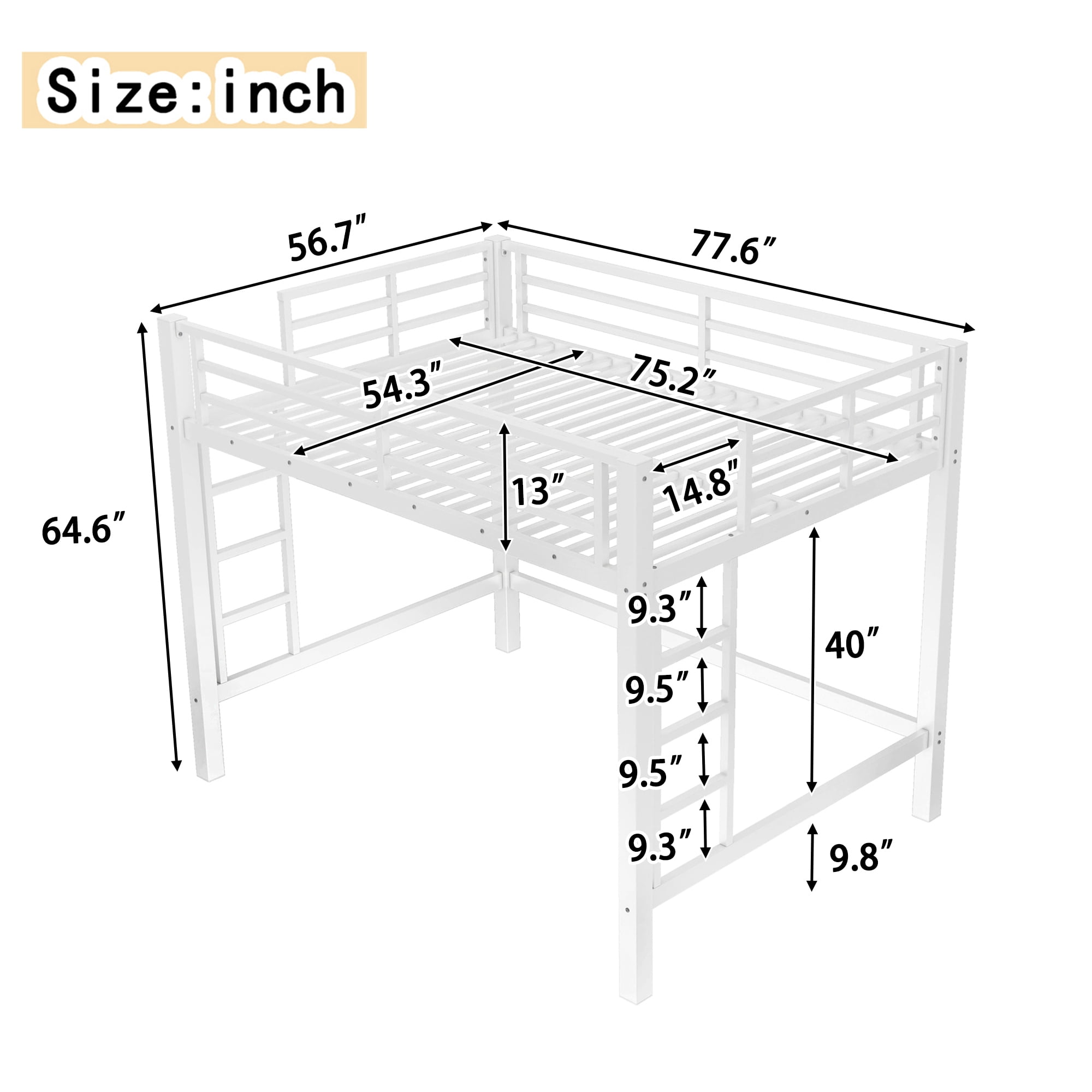 Leumius Full Size Metal Loft Bed Frame, Loft Bed with Easy Climbing Ladder and Guardrails for Kids Teens Adults White