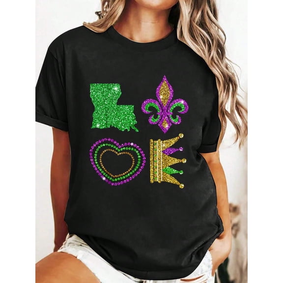 Glitter Mardi Gras Louisiana Fleur De Lis Women Graphic Short Sleeve T-Shirt
