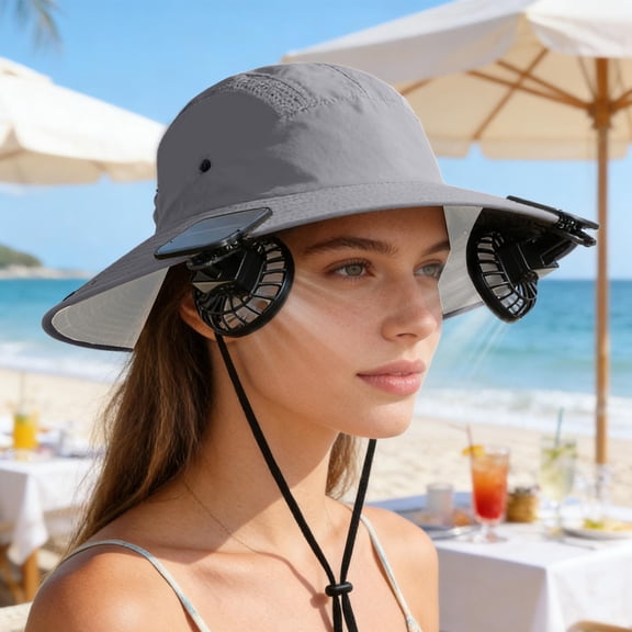 FEOLGEHLY Solar Fan Hat, UV Protection Sun Hat with Cooling Fan, Solar & USB Charging Breathable Fisherman Hat Wide Brim Neck Flap Waterproof for Fishing Hiking Gardening Outdoor, Deep Gray