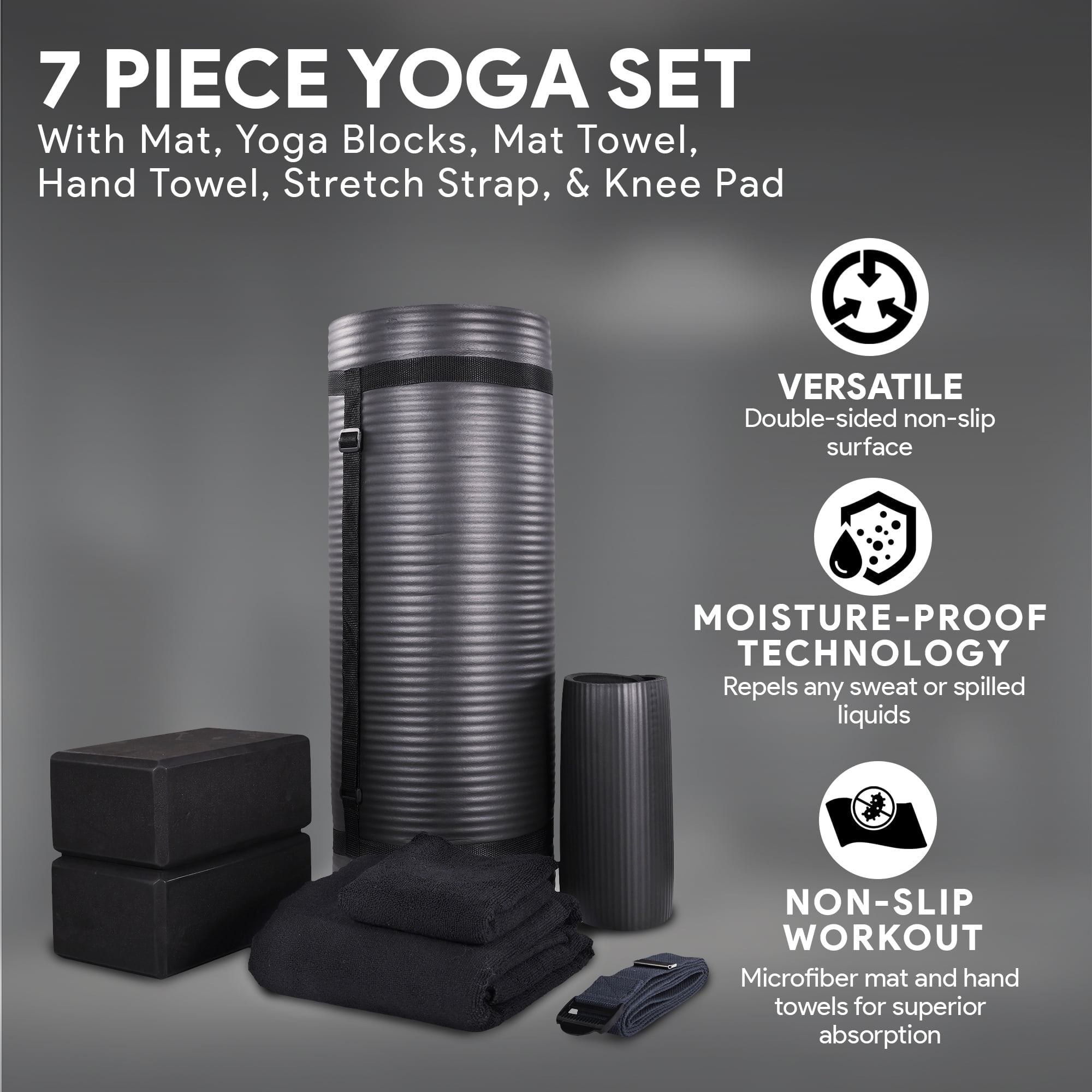 BalanceFrom Fitness 7 Pc Yoga Set w/ Mat, Stretch Strap, & Knee Pad, Black