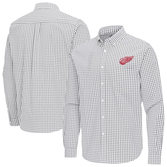 Men's Antigua Gray Detroit Red Wings Ellis Tri-Blend Long Sleeve Button-Down Shirt
