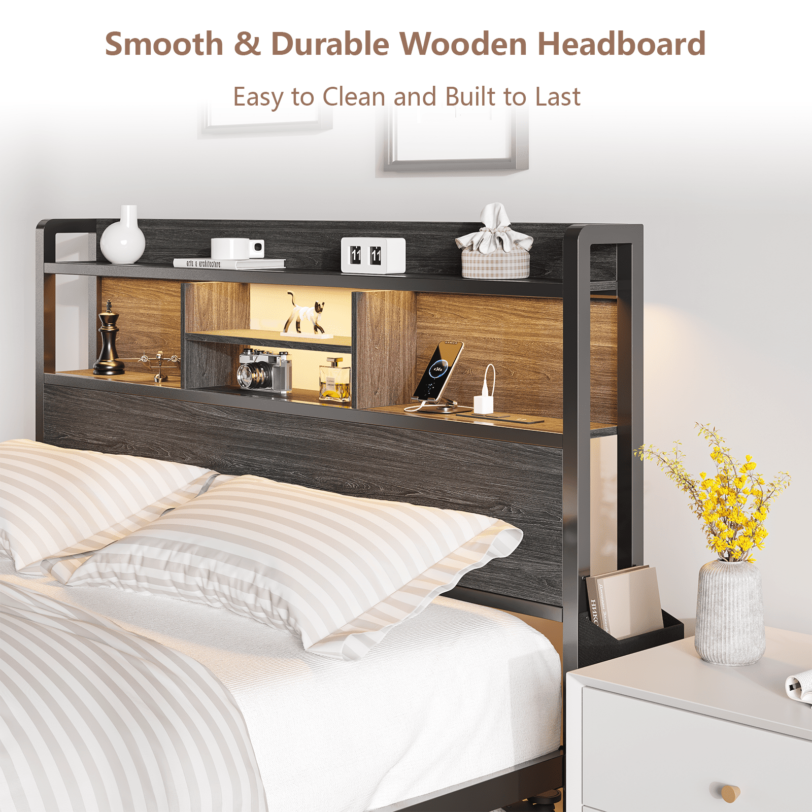 Satifur Queen Bed Frame with 2 Drawers & Headboard Storage Shelf, Noise Free, Black