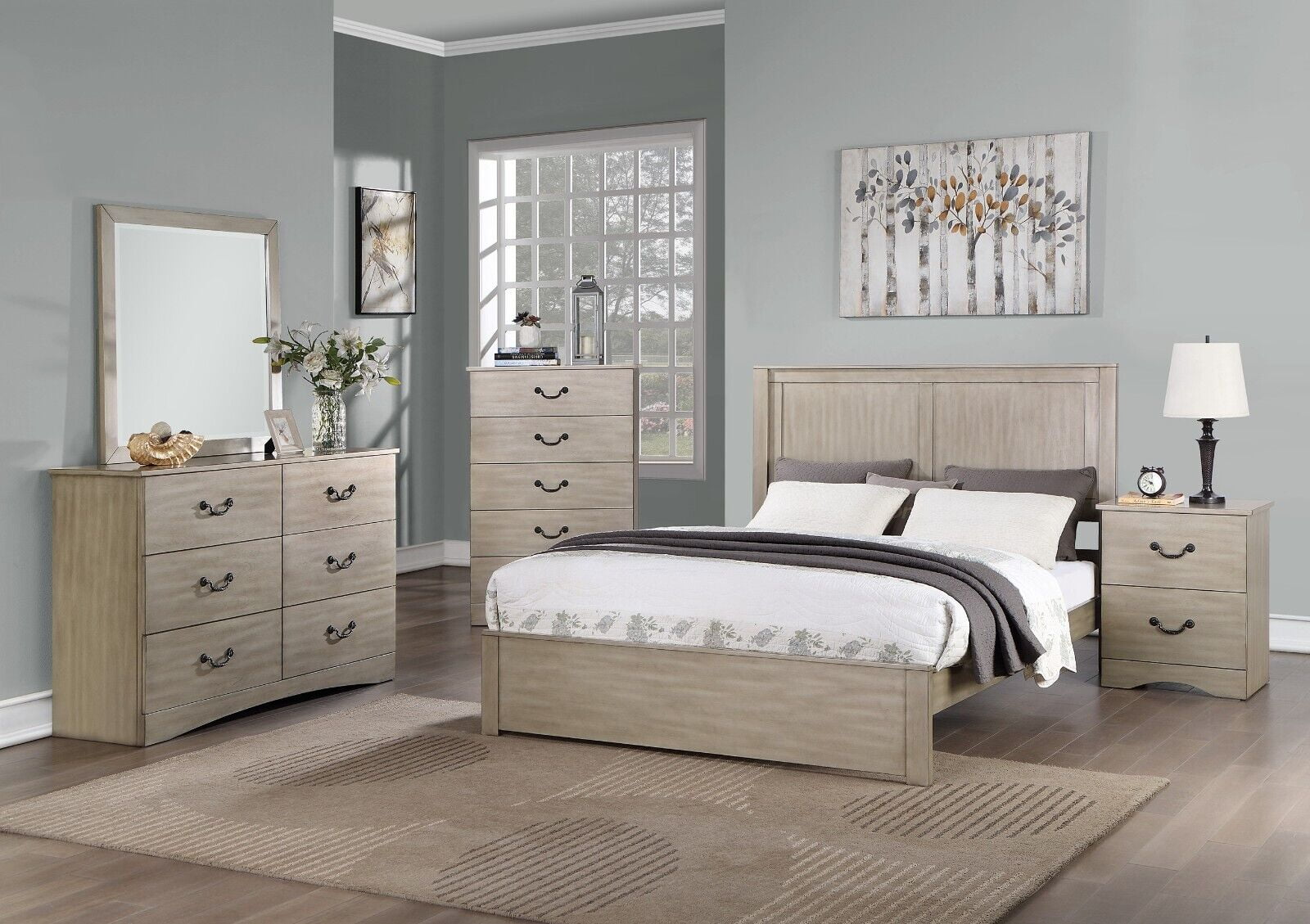 Bedroom Queen Size Bed 6pc Set Dresser Mirror Nightstands Chest Light ...