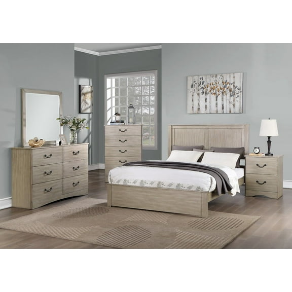 Bedroom California King Size Bed 6pc Set Dresser Mirror Nightstands Chest Light Tan Hue Finish Panel Headboard Gorgeous Bed