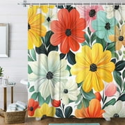 Bright Boho Floral Aesthetic Shower Curtain, Unique Funky Flowers Retro 60S 70S Groovy Daisy Flower Shower Curtain Set, Bohemian Colorful Girls Polyester Fabric Bathroom Curtain with Hooks 70X70IN