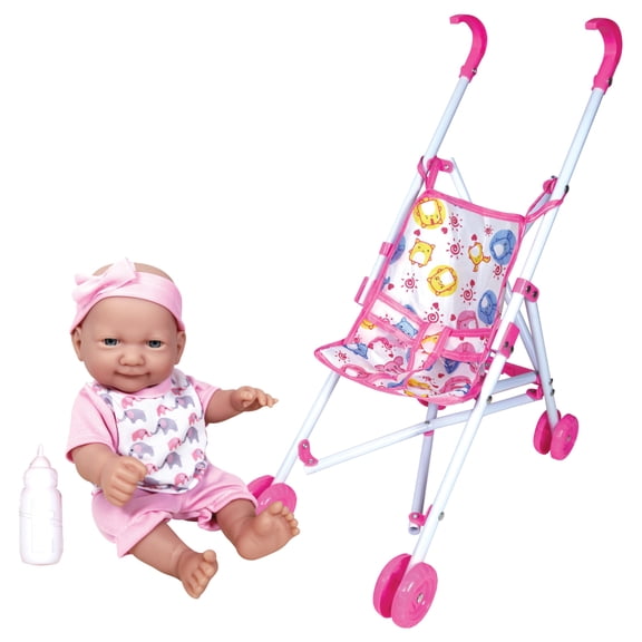 Lissi: 10" Baby Doll & Umbrella Stroller Set - Pink, White, Animal - Travel Playset, Foldable & Lightweight Design, Toy, Kids & Toddlers Ages 2