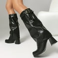 thumbnail image 5 of Fold Over Knee High Boots Women Wide Calf Leather Buckle Strap Square Toe Chunky Heel Tall Booties for Fall Winter, 5 of 9