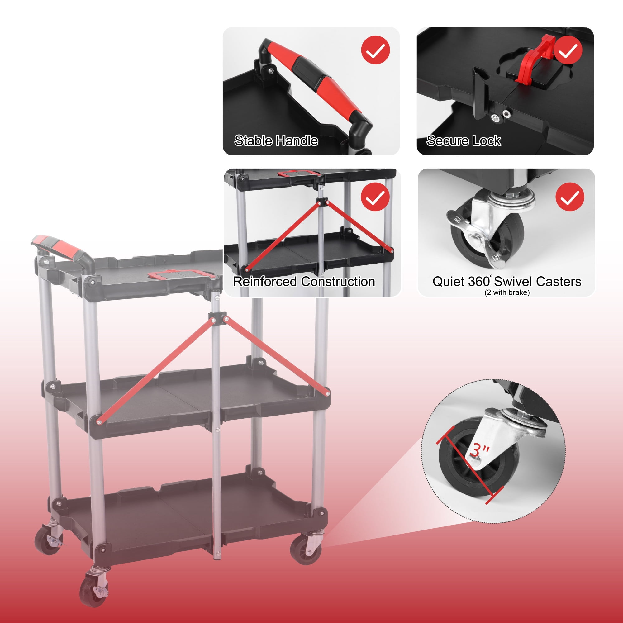 3-Tier Folding Collapsible Service Cart with Wheels,240lb Utility Foldable Service Cart,Portable Garage Tool Cart for Warehouse Office Home