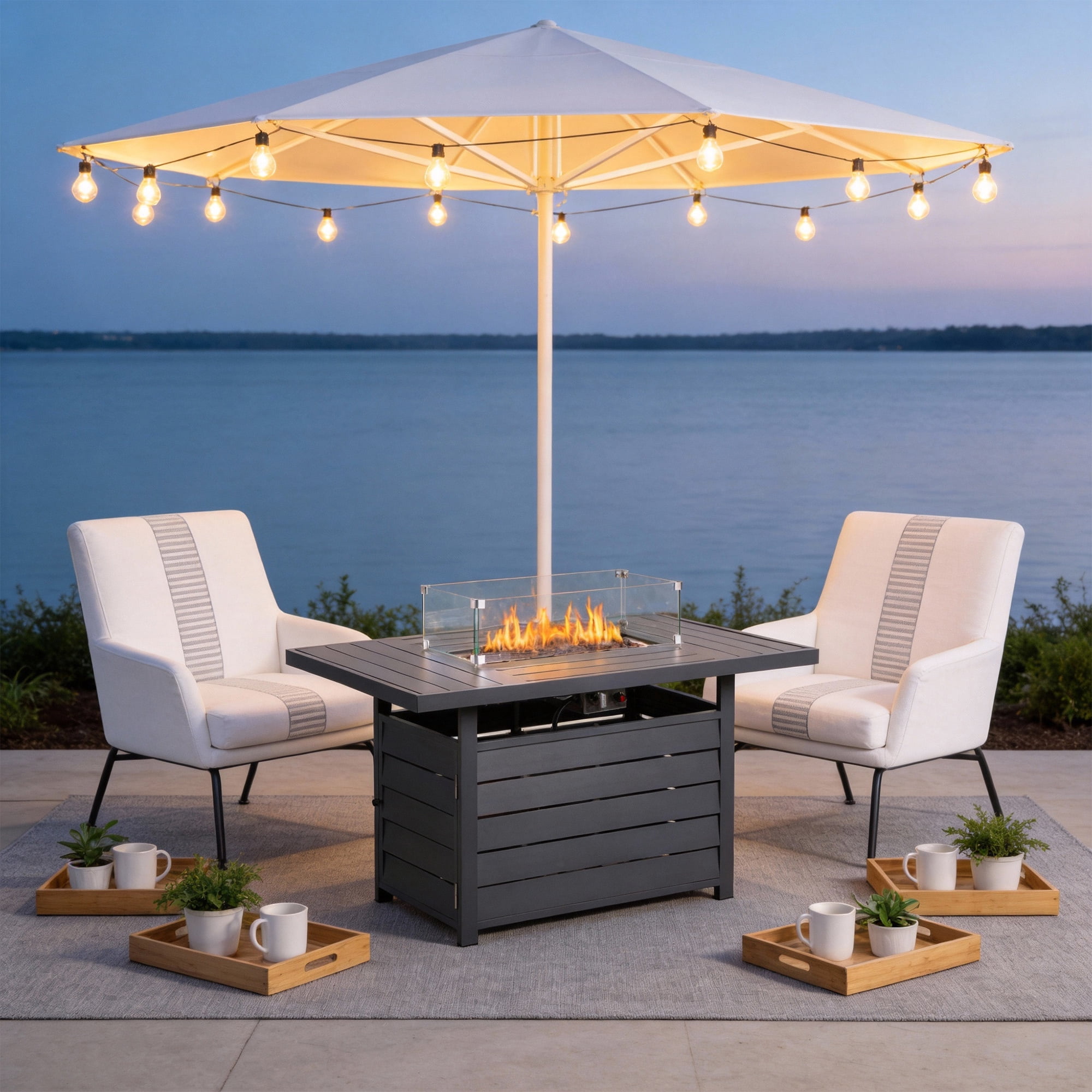 KIOOTTO 54" Aluminum Outdoor Gas Fire Pit Table, 50,000 BTU Propane Fire Table with Glass Shield & Lid, Rust-Free Rectangular Patio Coffee Table, Dark Gray