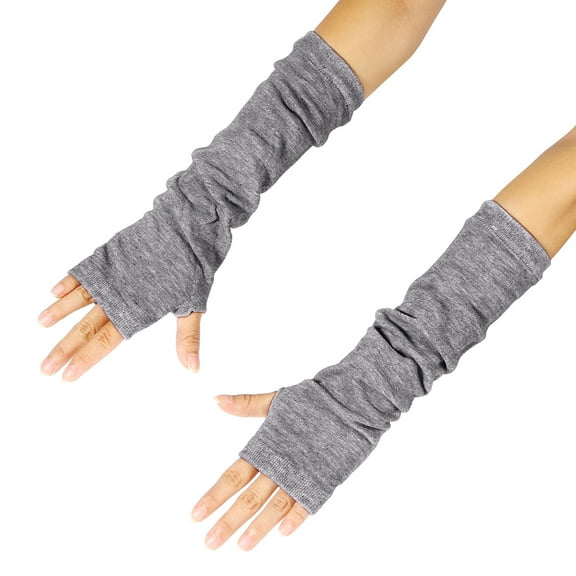 FOXNOVO 1 Pair Women Fingerless Gloves Light Grey Thumb Hole Simple Long Winter Warmers