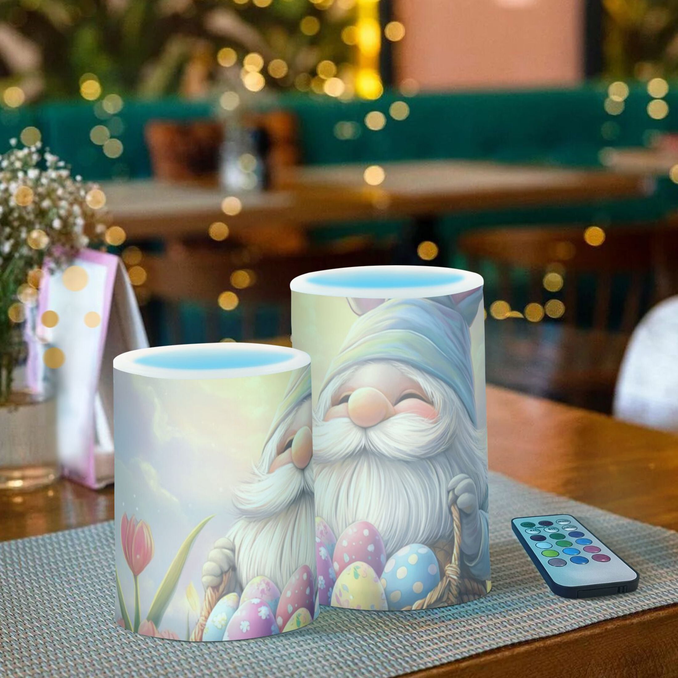Gnome with Rabbit Ears Easter Eggs Florals Flickering Flameless Candles LED Tealight Battery Operated with Remote Set of 2 Holiday Decor Ornaments