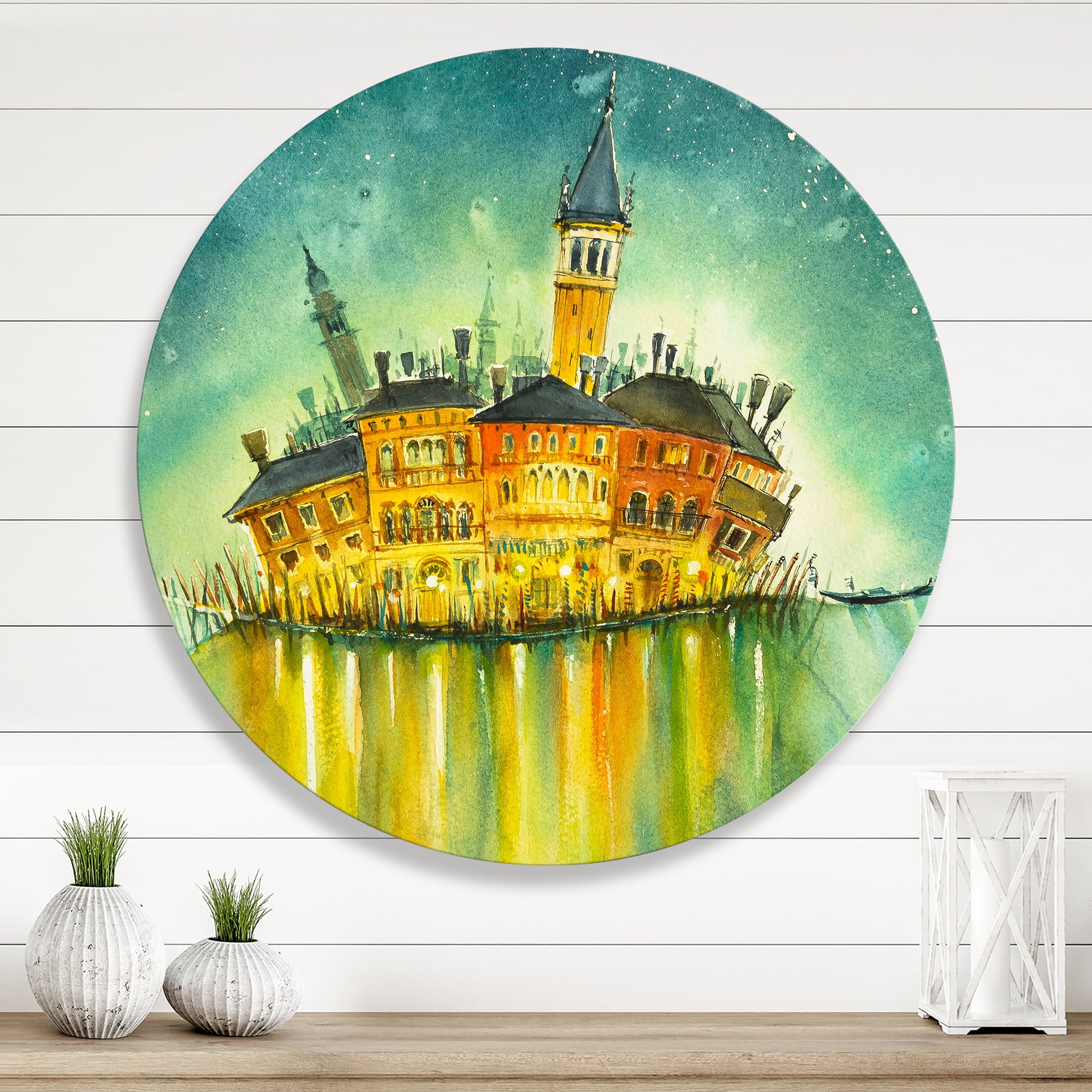 Designart 'Portrait of Idyllic Island of Venice At Night' Modern Circle Metal Wall Art 11x11 - Disc of 11