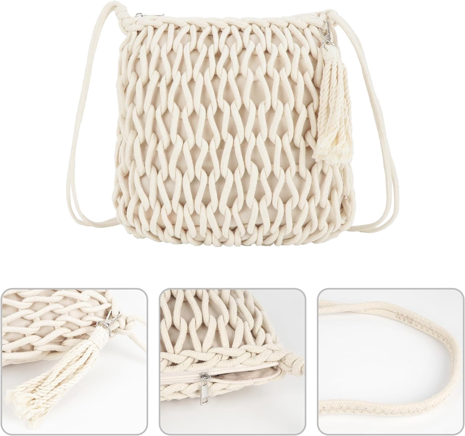 Women Large Tassels Cotton Crochet Cross-body Shoulder Bag Beach Tote Purse